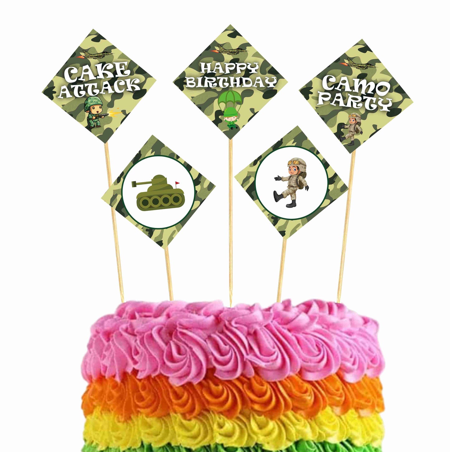 Camo Military Theme Cake Topper Pack of 10 Nos for Birthday Cake Decoration Theme Party Item For Boys Girls Adults Birthday Theme Decor