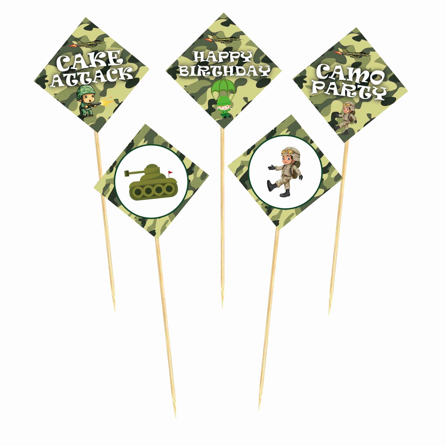 Camo Military Theme Cake Topper Pack of 10 Nos for Birthday Cake Decoration Theme Party Item For Boys Girls Adults Birthday Theme Decor