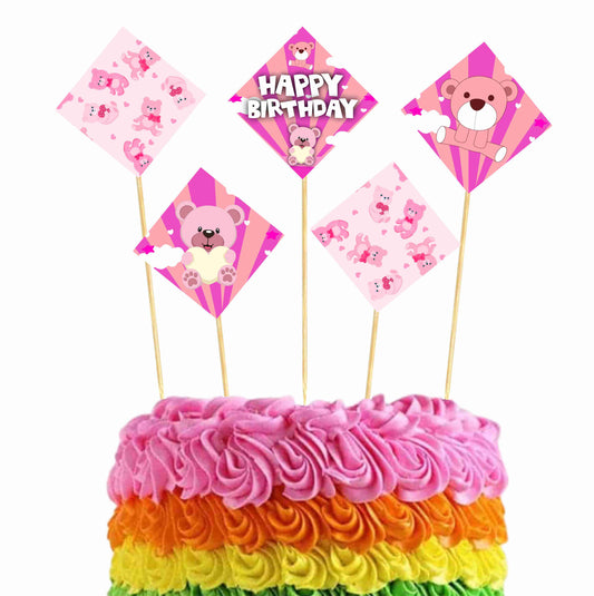 Pink Teddy Theme Cake Topper Pack of 10 Nos for Birthday Cake Decoration Theme Party Item For Boys Girls Adults Birthday Theme Decor