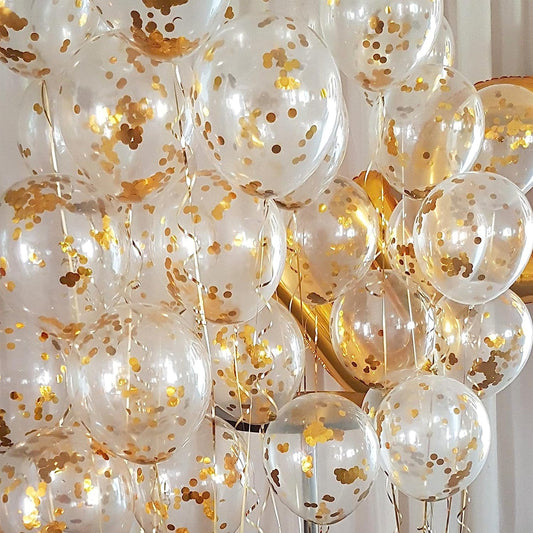 Gold Confetti Balloons 12 Inches Pack of 5 Balloons with Shiny Surface For Birthdays/Anniversary/Engagement/Baby Shower/bachelorette Party Decorations