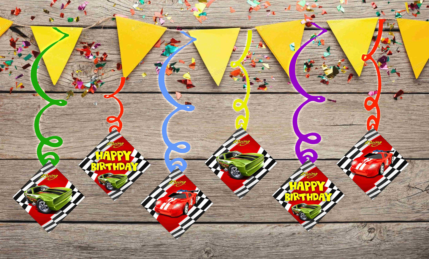 Sports Car Ceiling Hanging Swirls Decorations Cutout Festive Party Supplies (Pack of 6 swirls and cutout)