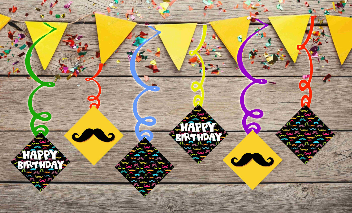 Moustache Ceiling Hanging Swirls Decorations Cutout Festive Party Supplies (Pack of 6 swirls and cutout)