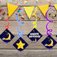 Moon and Stars Ceiling Hanging Swirls Decorations Cutout Festive Party Supplies (Pack of 6 swirls and cutout)