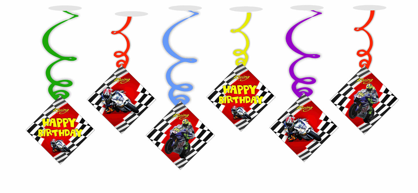 Sports Bike Ceiling Hanging Swirls Decorations Cutout Festive Party Supplies (Pack of 6 swirls and cutout)