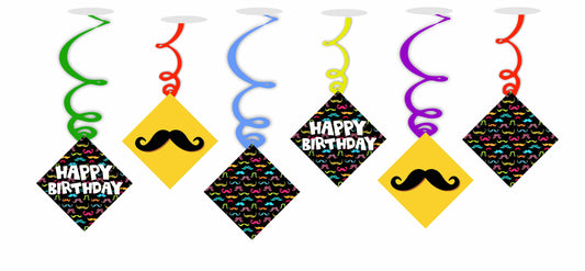 Moustache Ceiling Hanging Swirls Decorations Cutout Festive Party Supplies (Pack of 6 swirls and cutout)