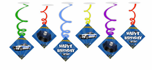 Police Ceiling Hanging Swirls Decorations Cutout Festive Party Supplies (Pack of 6 swirls and cutout)