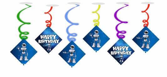 Robot Ceiling Hanging Swirls Decorations Cutout Festive Party Supplies (Pack of 6 swirls and cutout)