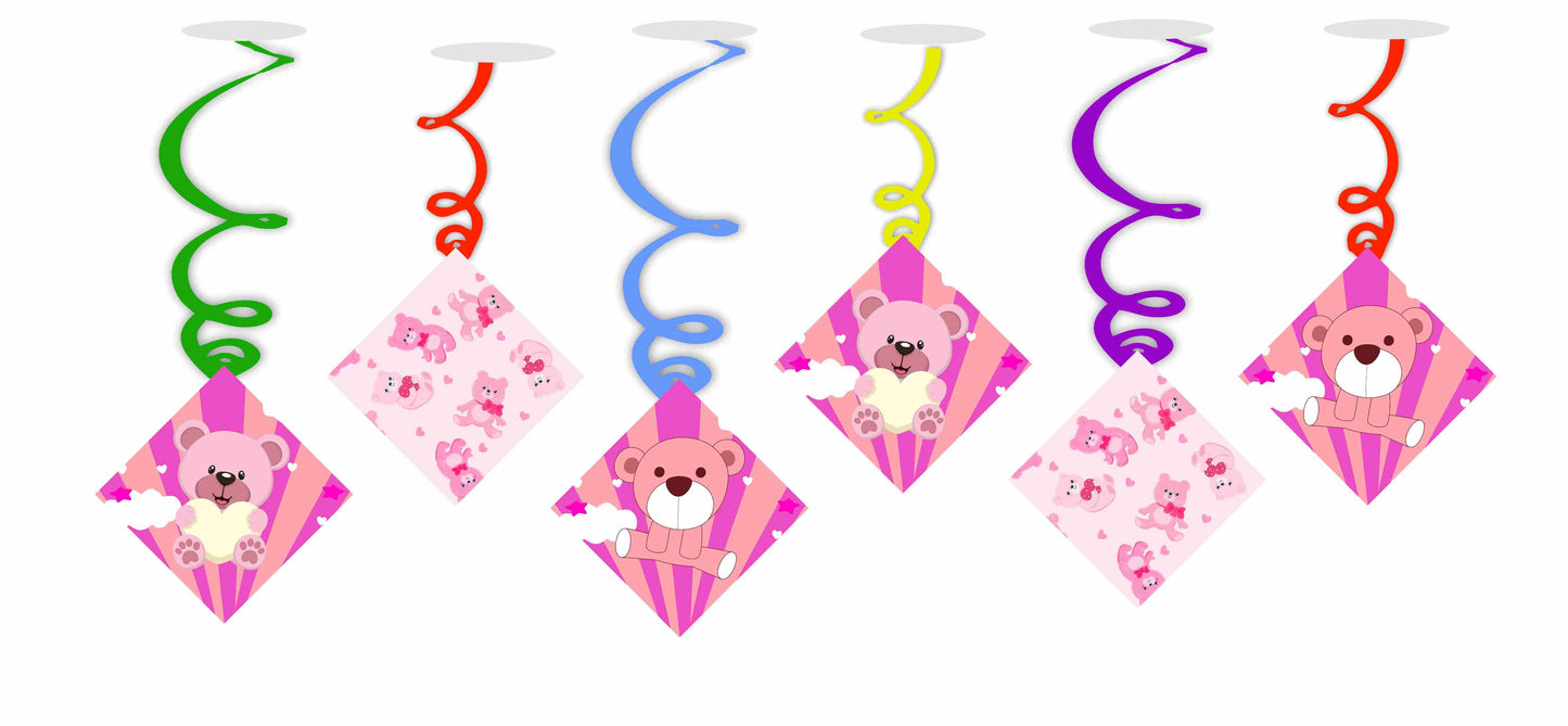 Pink Teddy Bear Ceiling Hanging Swirls Decorations Cutout Festive Party Supplies (Pack of 6 swirls and cutout)