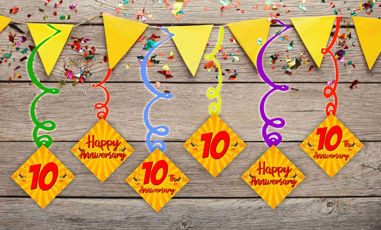 10th Anniversary Ceiling Hanging Swirls Decorations Cutout Festive Party Supplies (Pack of 6 swirls and cutout)