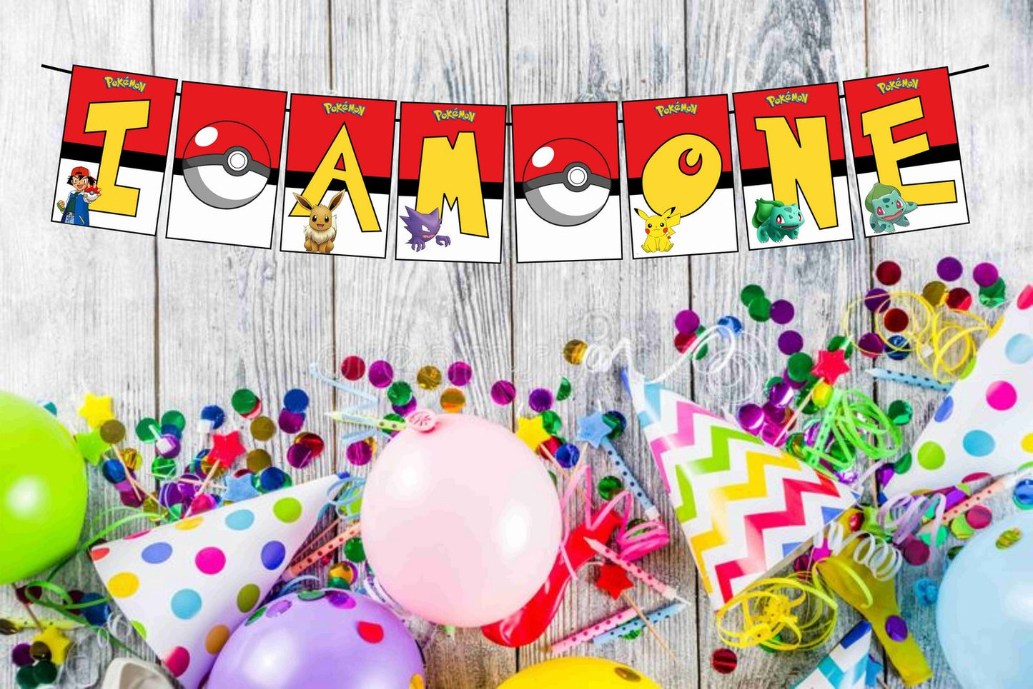 Pokemon I Am One 1st Birthday Banner for Photo Shoot Backdrop and Theme Party