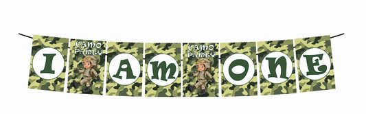 Camo Military I Am One 1st Birthday Banner for Photo Shoot Backdrop and Theme Party