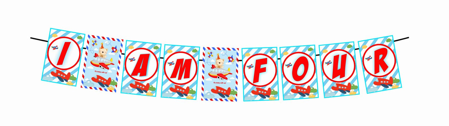 Aeroplane Theme I Am Four 4th Birthday Banner for Photo Shoot Backdrop and Theme Party