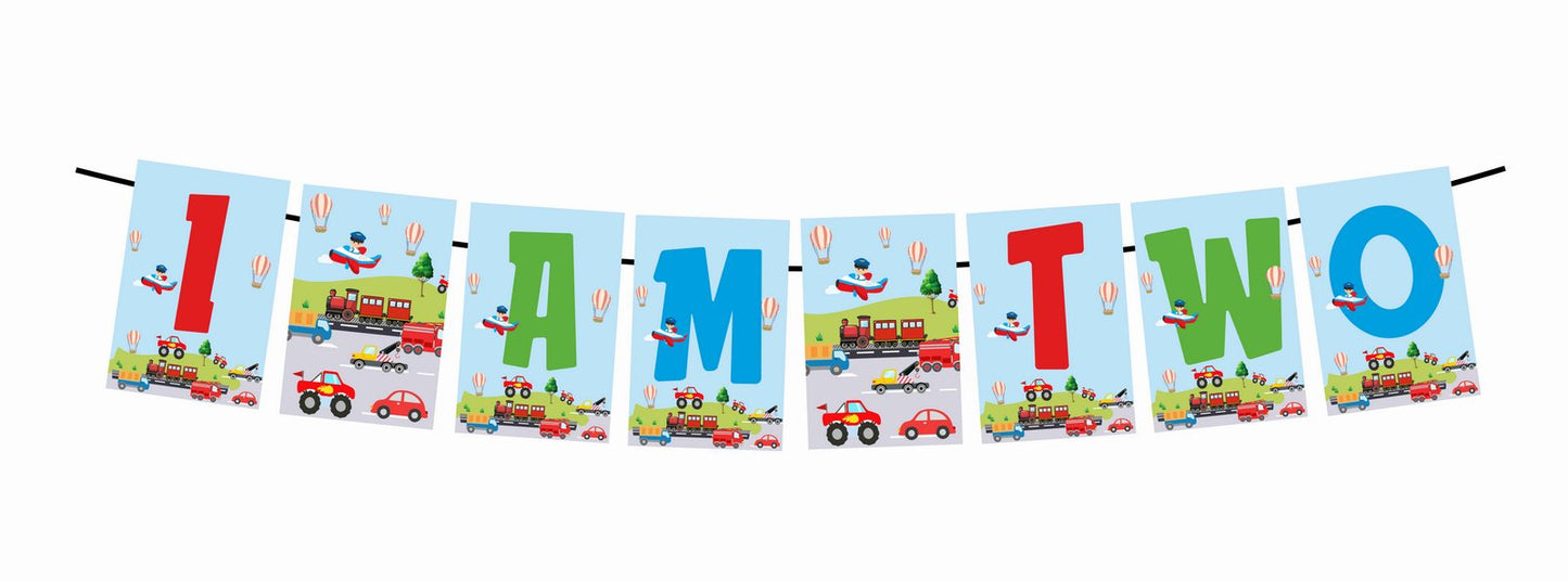 Transport Theme I Am Two 2nd Birthday Banner for Photo Shoot Backdrop and Theme Party