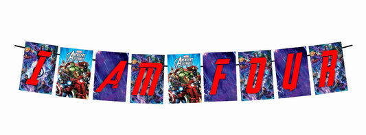Superhero Theme I Am Four 4th Birthday Banner for Photo Shoot Backdrop and Theme Party