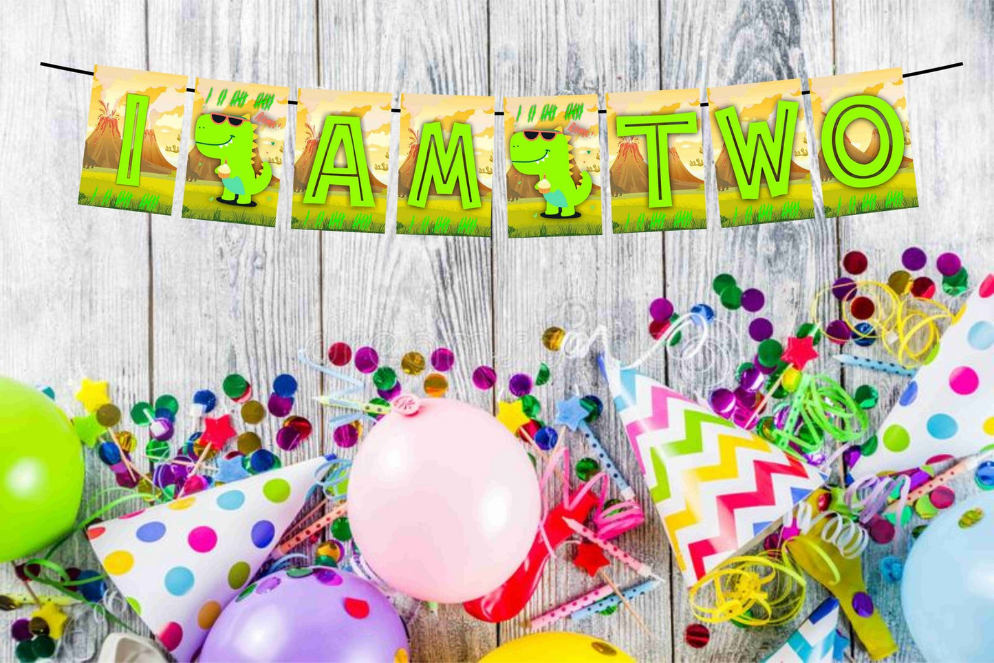 Dinosaur Theme I Am Two 2nd Birthday Banner for Photo Shoot Backdrop and Theme Party
