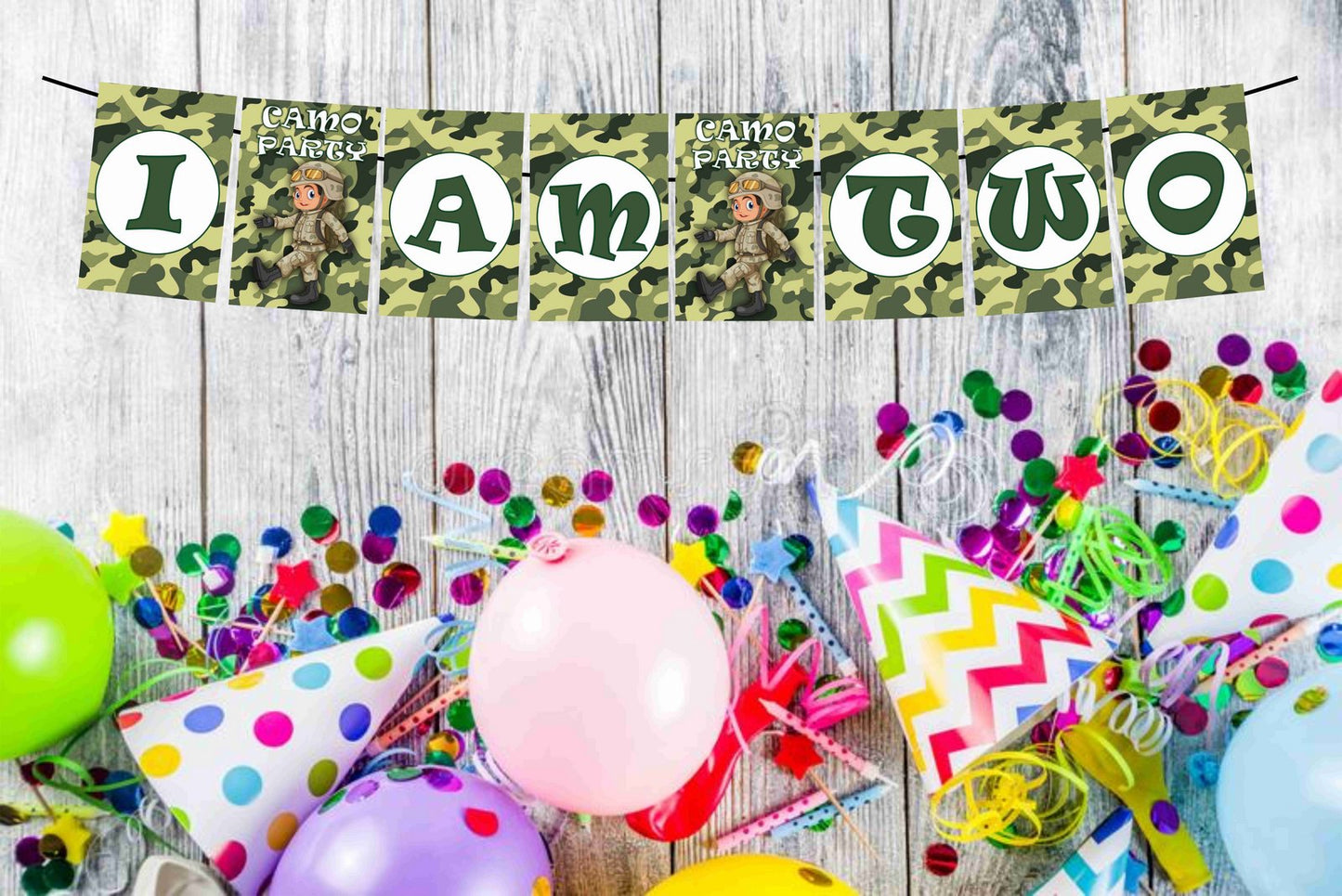 Camo Military I Am Two 2nd Birthday Banner for Photo Shoot Backdrop and Theme Party