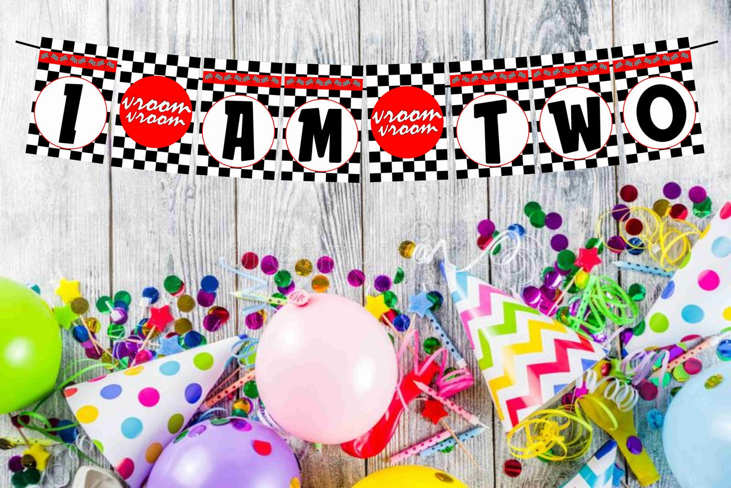 Racing Theme I Am Two 2nd Birthday Banner for Photo Shoot Backdrop and Theme Party