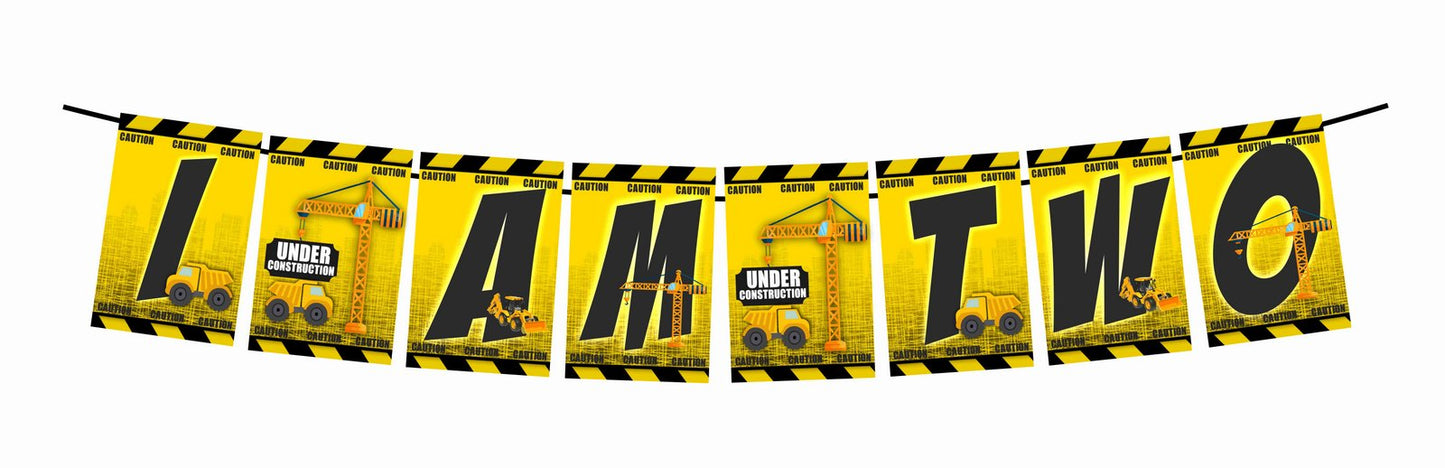 Construction Theme I Am Two 2nd  Birthday Banner for Photo Shoot Backdrop and Theme Party