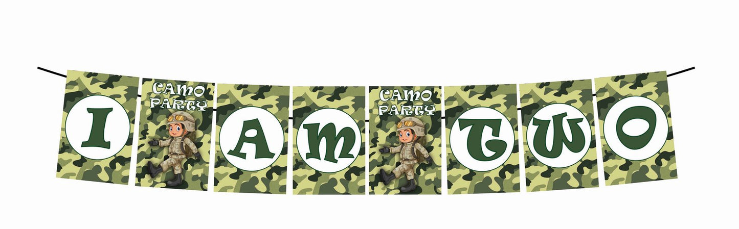 Camo Military I Am Two 2nd Birthday Banner for Photo Shoot Backdrop and Theme Party