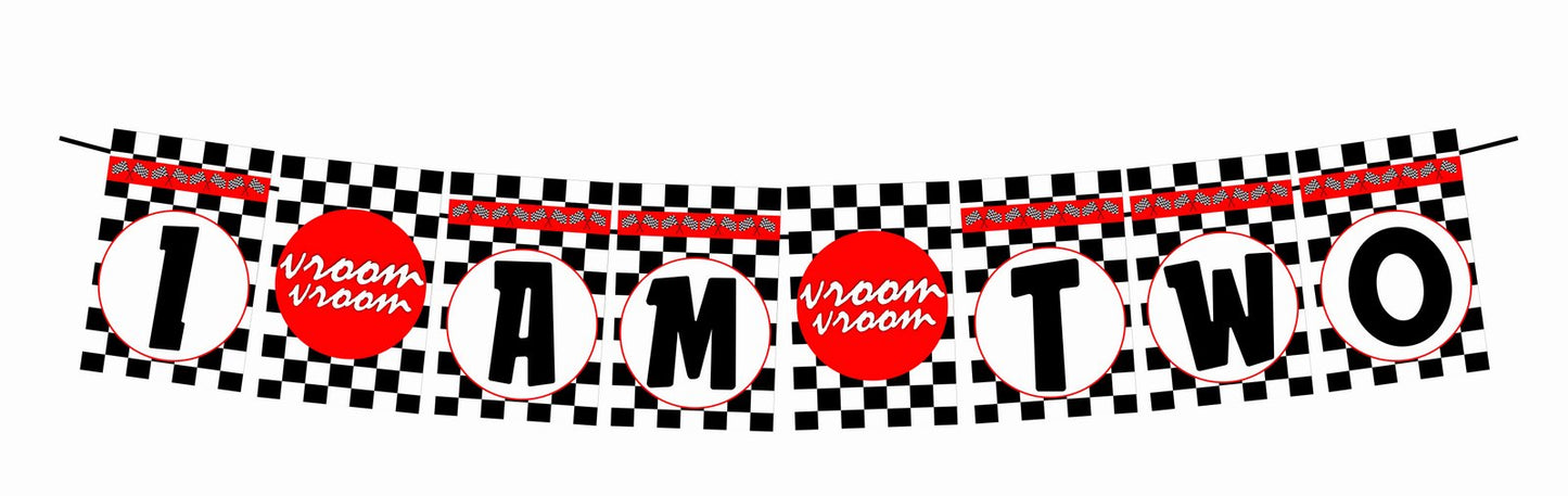 Racing Theme I Am Two 2nd Birthday Banner for Photo Shoot Backdrop and Theme Party