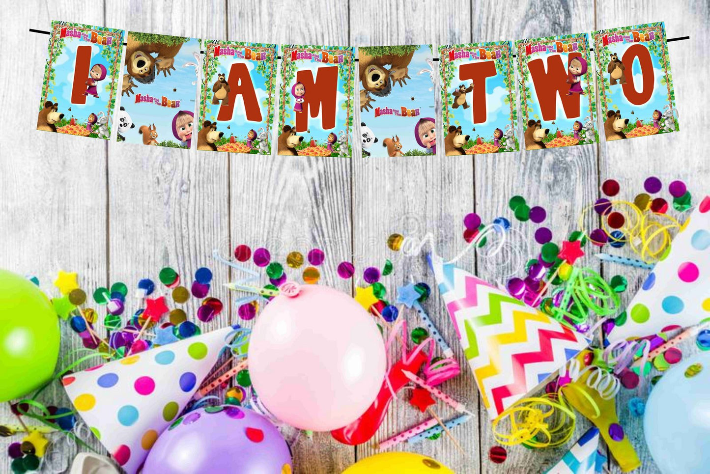 Masha Bear Theme I Am Two 2nd Birthday Banner for Photo Shoot Backdrop and Theme Party
