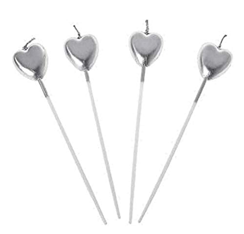 Silver Heart Shape Long Stick Candle Metallic Cake Cupcake Candles Cake Candles for Birthday, Wedding Party and Cake Decoration Pack of 4