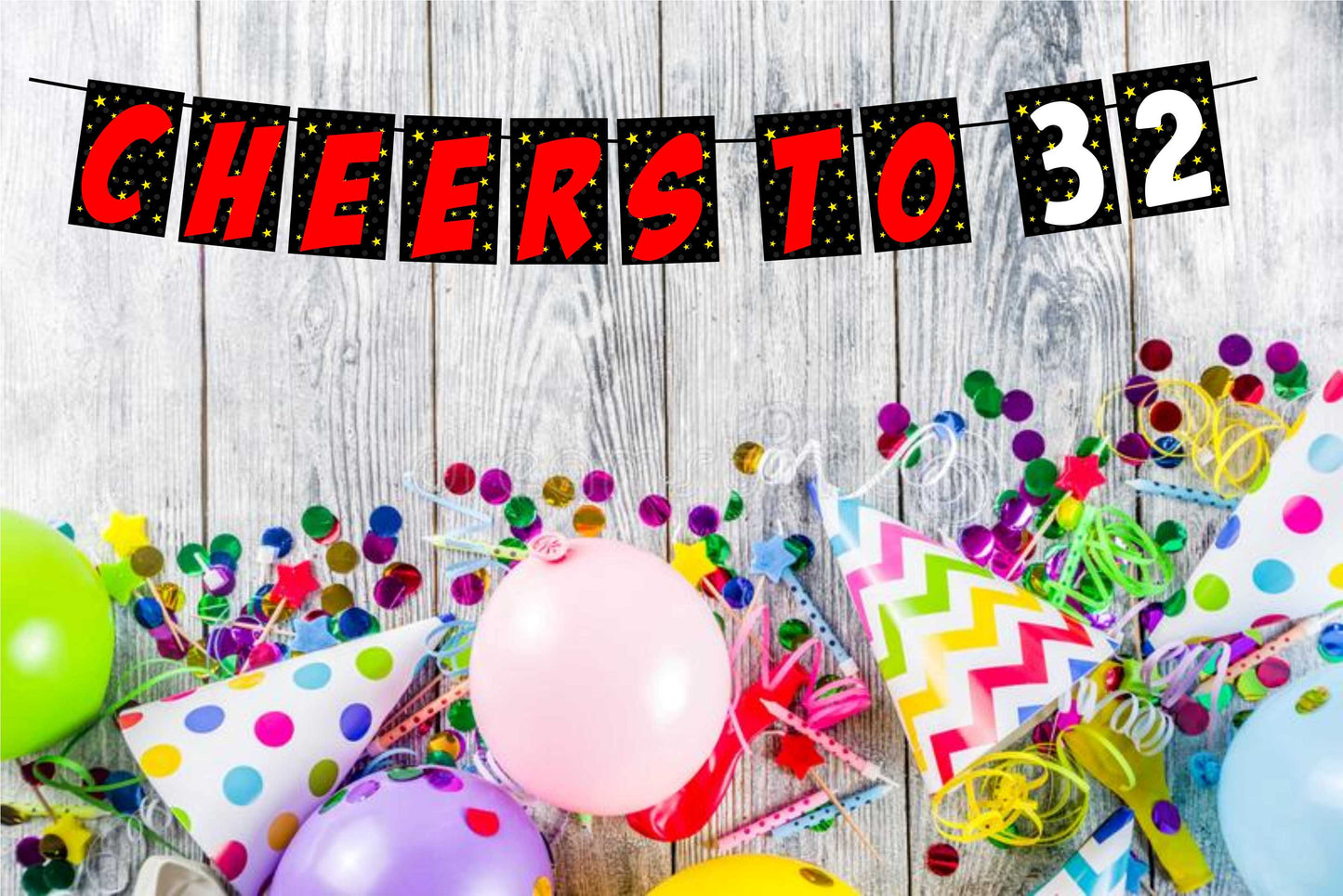 Cheers to 32 Birthday Banner for Photo Shoot Backdrop and Theme Party