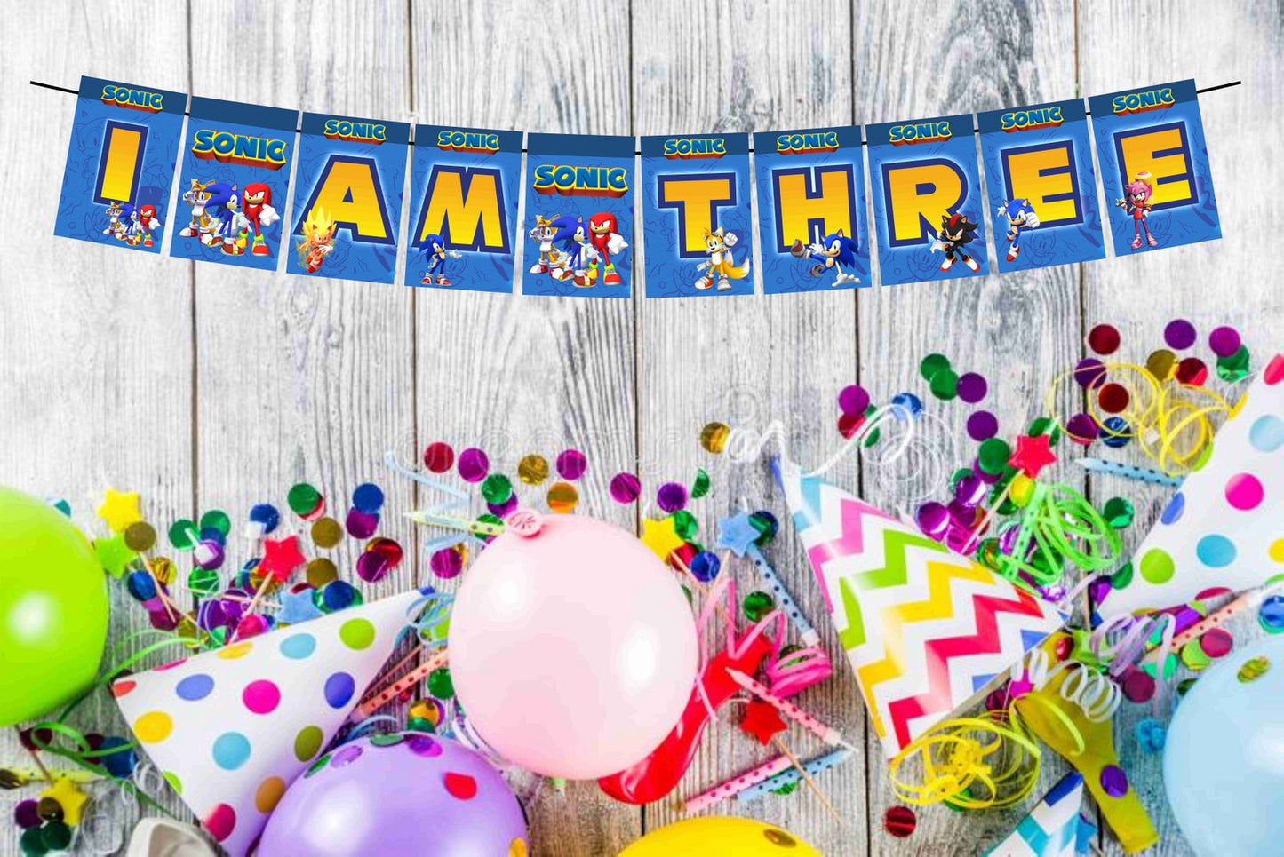 Sonic the Hedgehog I Am Three 3rd Birthday Banner for Photo Shoot Backdrop and Theme Party
