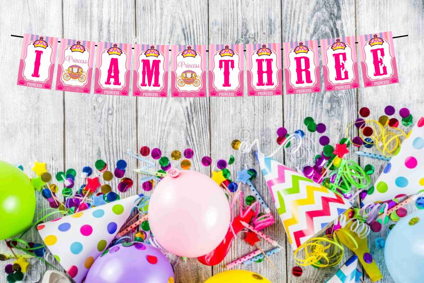 Princess Theme I Am Three 3rd Birthday Banner for Photo Shoot Backdrop and Theme Party