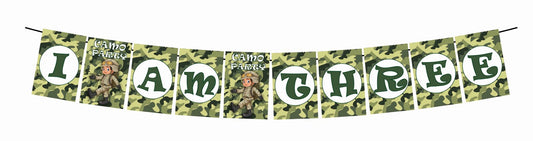 Camo Military I Am Three 3rd Birthday Banner for Photo Shoot Backdrop and Theme Party