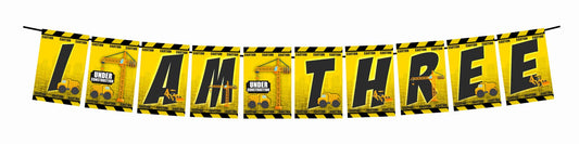 Construction Theme I Am Three 3rd Birthday Banner for Photo Shoot Backdrop and Theme Party