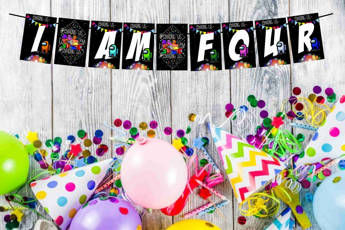 Among Us I Am Four 4th Birthday Banner for Photo Shoot Backdrop and Theme Party - Balloonistics