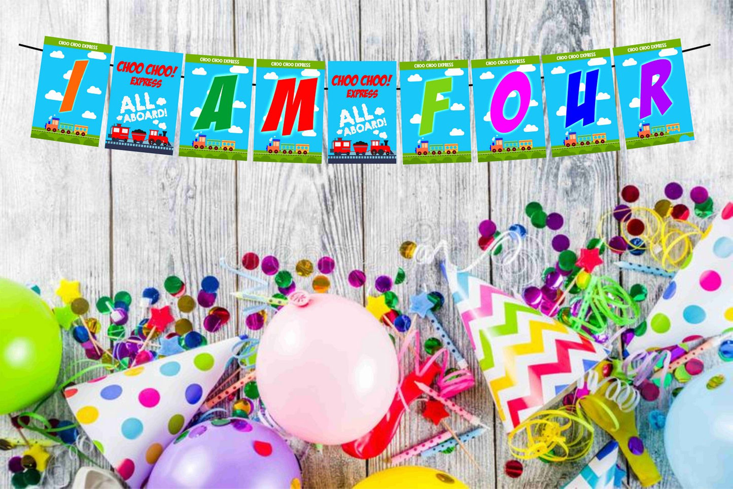 Train Theme I Am Four 4th Birthday Banner for Photo Shoot Backdrop and Theme Party