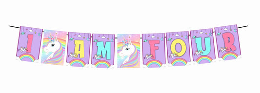 Unicorn Theme I Am Four 4th Birthday Banner for Photo Shoot Backdrop and Theme Party