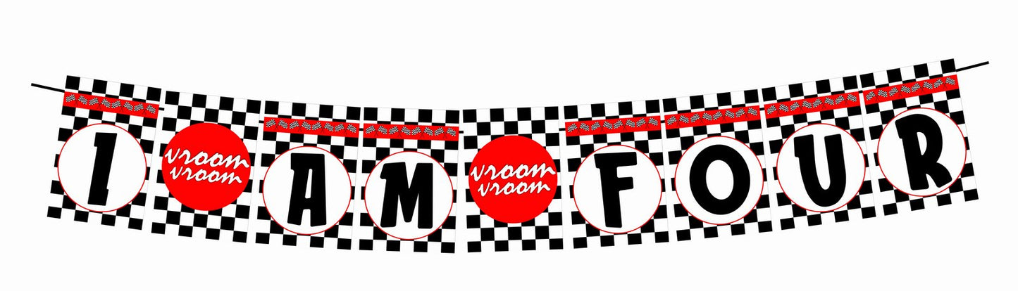 Racing Theme I Am Four 4th Birthday Banner for Photo Shoot Backdrop and Theme Party
