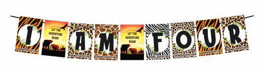African Safari Theme I Am Four 4th Birthday Banner for Photo Shoot Backdrop and Theme Party