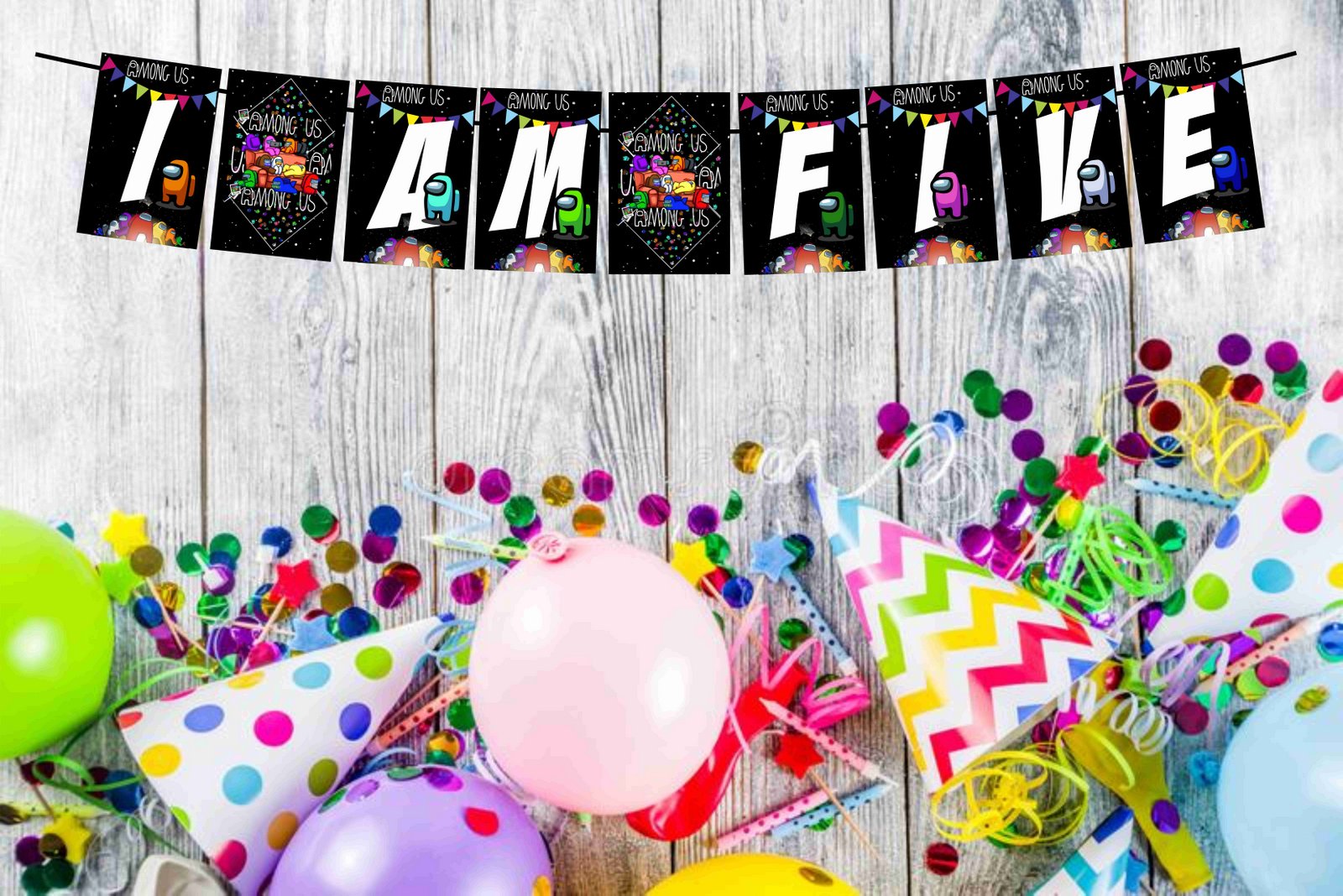 Among Us I Am Five 5th Birthday Banner for Photo Shoot Backdrop and Theme Party - Balloonistics