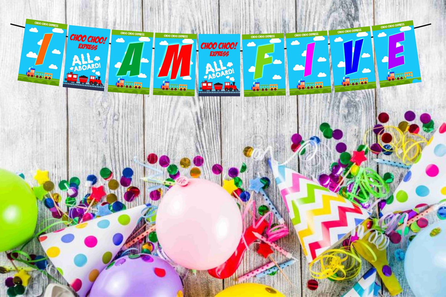 Train Theme I Am Five 5th Birthday Banner for Photo Shoot Backdrop and Theme Party
