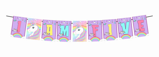 Unicorn Theme I Am Five 5th Birthday Banner for Photo Shoot Backdrop and Theme Party