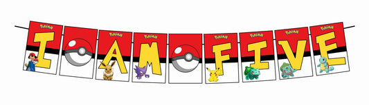 Pokemon I Am Five 5th Birthday Banner for Photo Shoot Backdrop and Theme Party