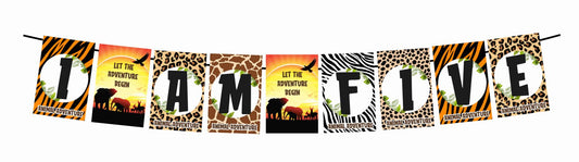 African Safari Theme I Am Five 5th Birthday Banner for Photo Shoot Backdrop and Theme Party