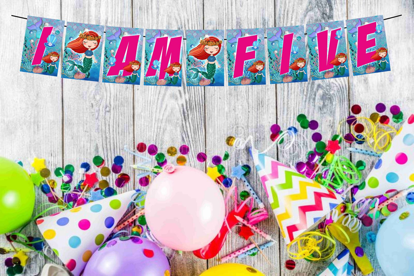 Mermaid Theme I Am Five 5th Birthday Banner for Photo Shoot Backdrop and Theme Party