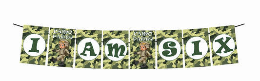 Camo Military I Am Six 6th Birthday Banner for Photo Shoot Backdrop and Theme Party
