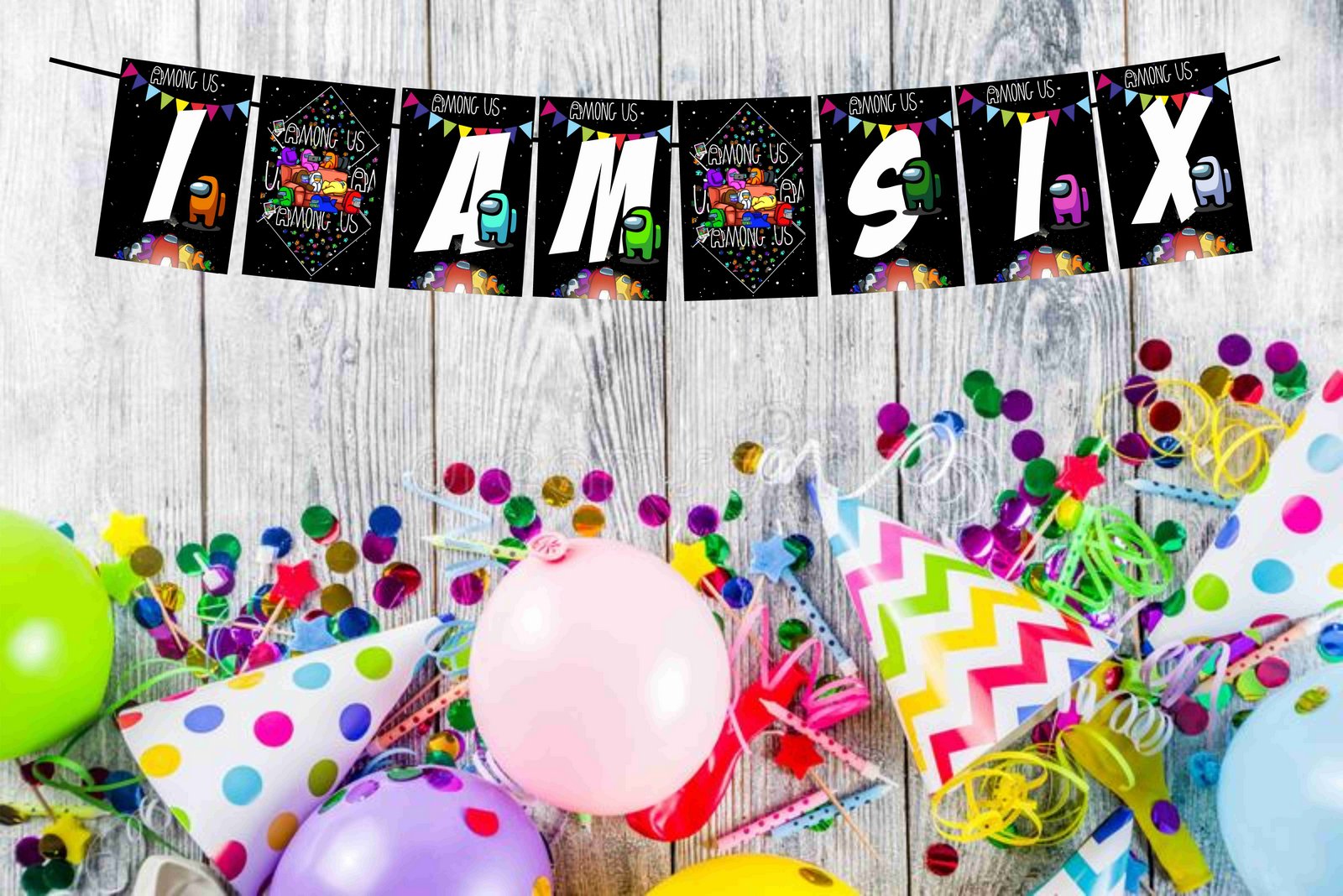 Among Us I Am Six 6th Birthday Banner for Photo Shoot Backdrop and Theme Party - Balloonistics