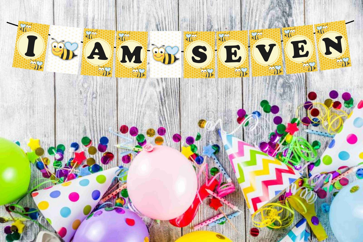HoneyBee Theme I Am Seven 7th Birthday Banner for Photo Shoot Backdrop and Theme Party