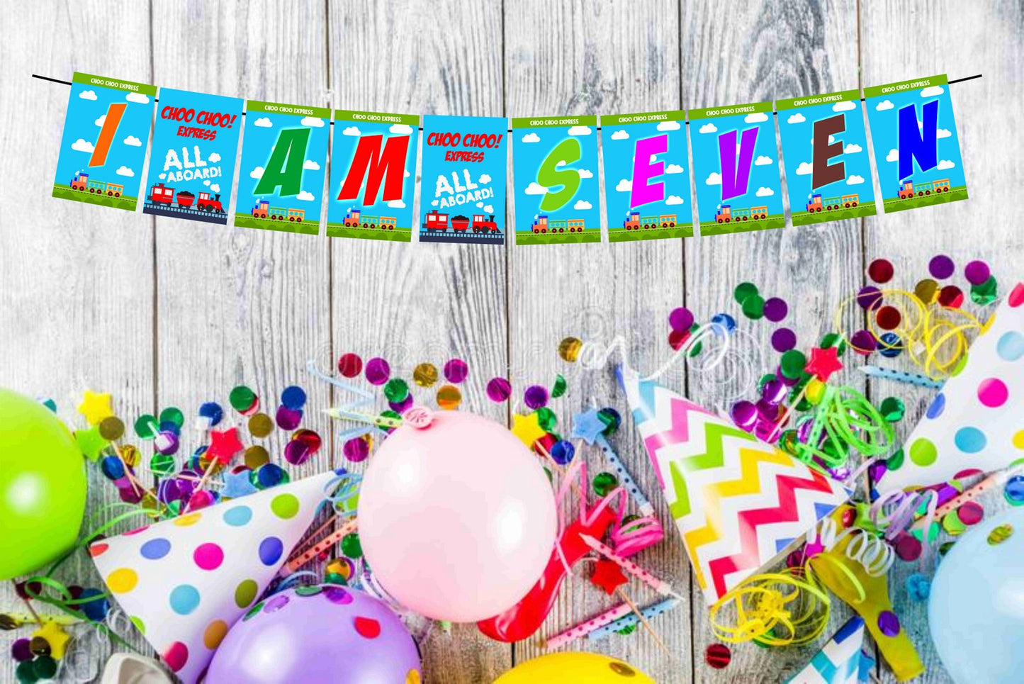 Train Theme I Am Seven 7th Birthday Banner for Photo Shoot Backdrop and Theme Party