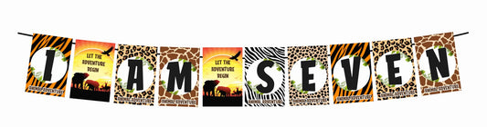 African Safari Theme I Am Seven 7th Birthday Banner for Photo Shoot Backdrop and Theme Party