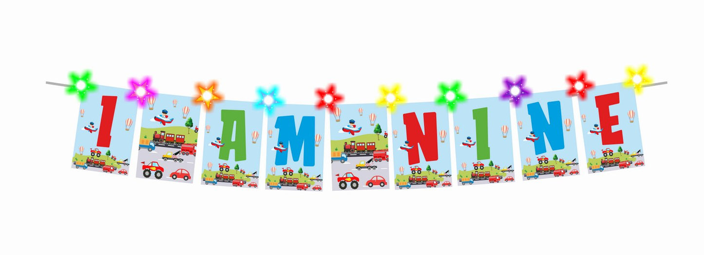 Transport Theme I Am Nine 9th Birthday Banner for Photo Shoot Backdrop and Theme Party