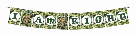 Camo Military I Am Eight 8th Birthday Banner for Photo Shoot Backdrop and Theme Party