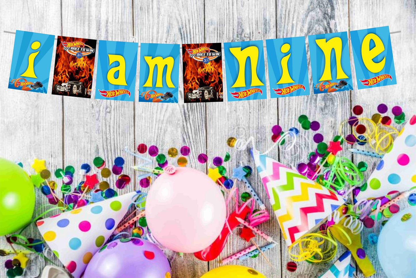 Hot Racing Wheels Theme I Am Nine 9th Birthday Banner for Photo Shoot Backdrop and Theme Party